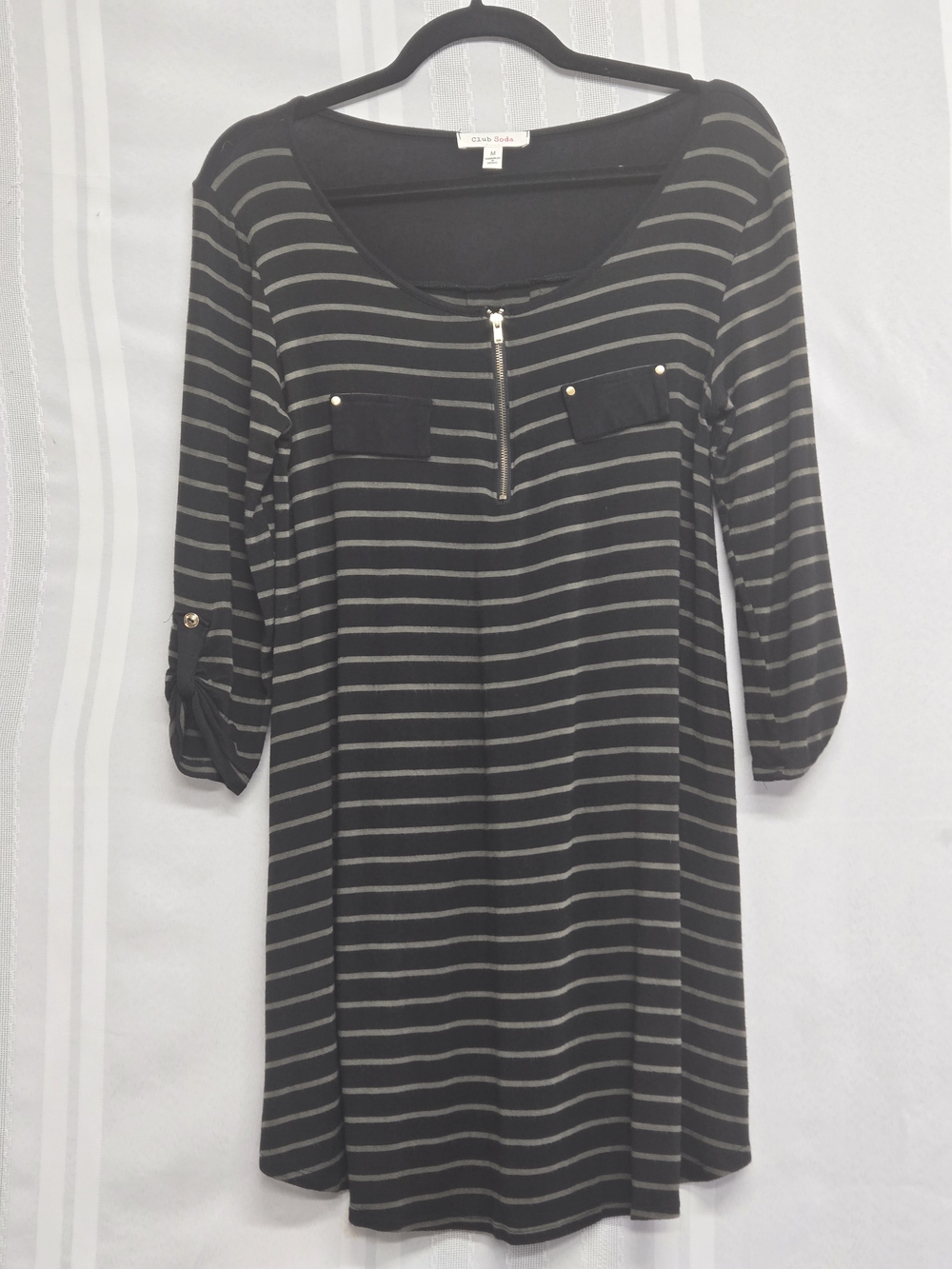 CLUB SODA Black & GreenStriped Women’s Zip-Front Tunic Dress SIZE MEDIUM